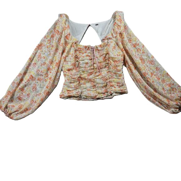 Free People Black Mabel Printed Blouse Long Puff Sleeve Floral Medium B148 - Picture 1 of 11